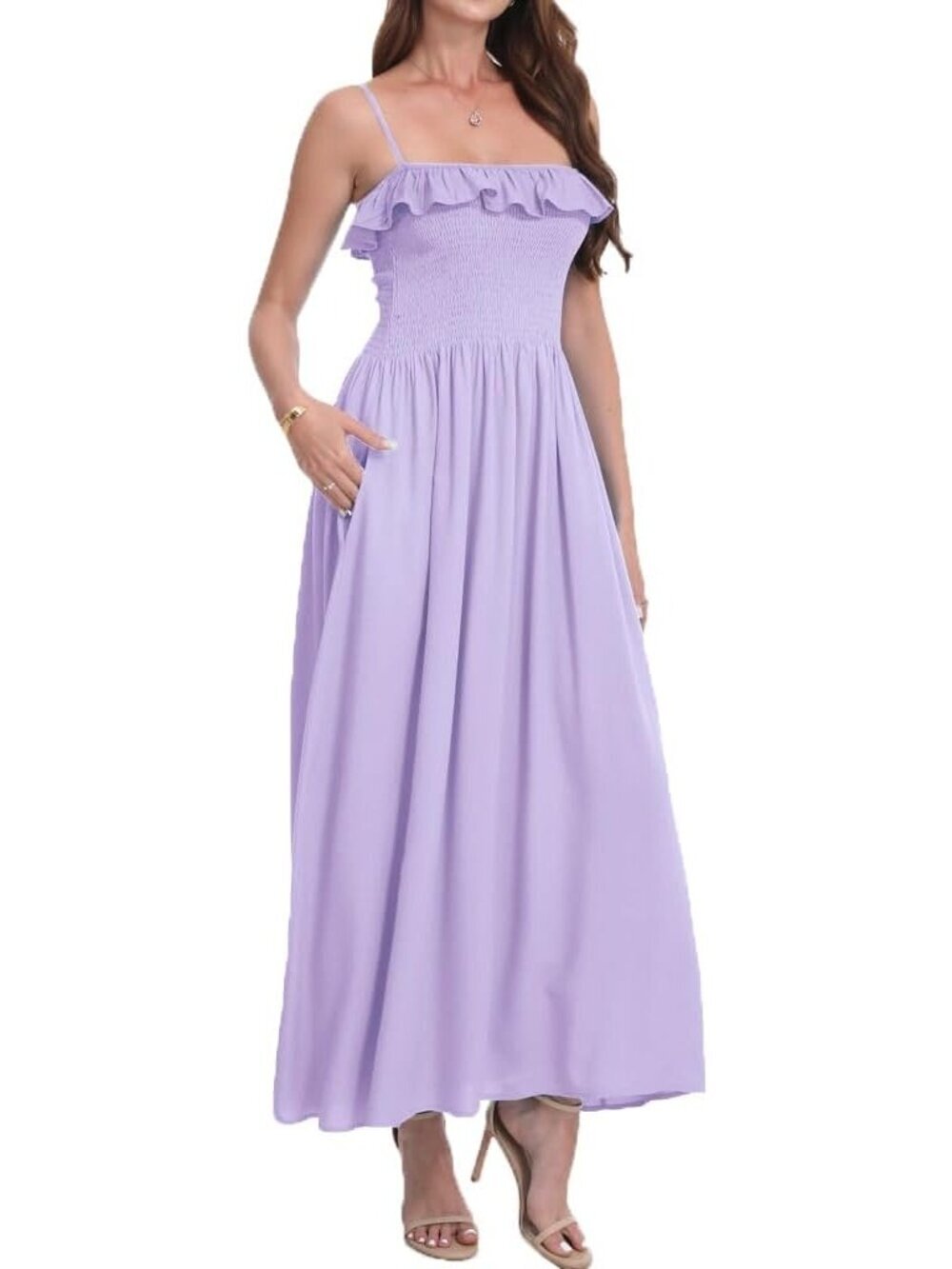 Women's Light Lilac Sleeveless Spaghetti Strap Smocked Beach Boho Maxi Dress